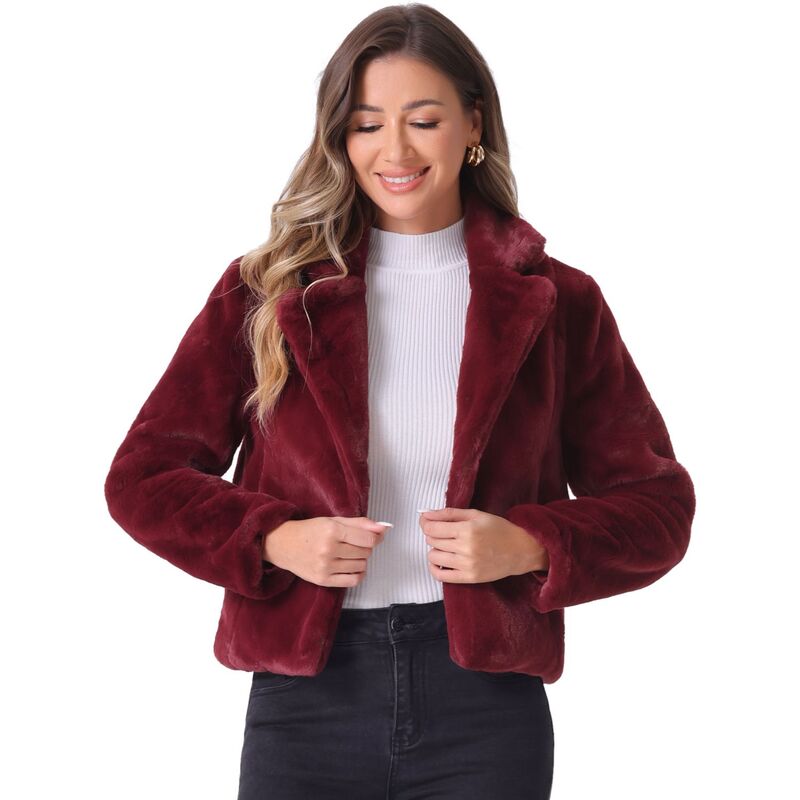 アレグラ ケー レディース アウター ジャケット・ブルゾン コート クロップド ALLEGRA K Women Winter Fashion Loose Faux Fur Cropped Jacket Coat Burgundy バーガンディ