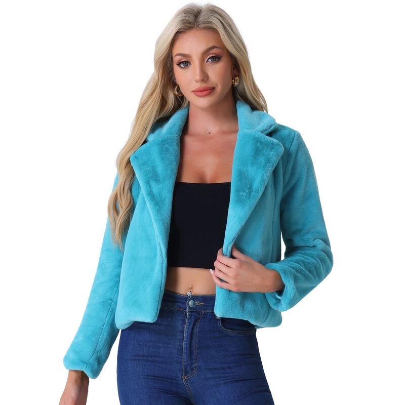 アレグラ ケー レディース アウター ジャケット・ブルゾン コート クロップド ALLEGRA K Women Winter Fashion Loose Faux Fur Cropped Jacket Coat Peacock Blue ブルー
