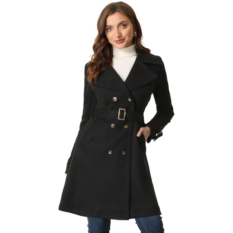 アレグラ ケー レディース アウター ジャケット・ブルゾン スエード コート ALLEGRA K Women Faux Suede Notched Lapel Strap Cuff Solidouble Breasted Tie Beltrench Coat Black ブラック
