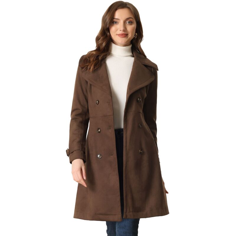 アレグラ ケー レディース アウター ジャケット・ブルゾン スエード コート ALLEGRA K Women Faux Suede Notched Lapel Strap Cuff Solidouble Breasted Tie Beltrench Coat Coffee コーヒー