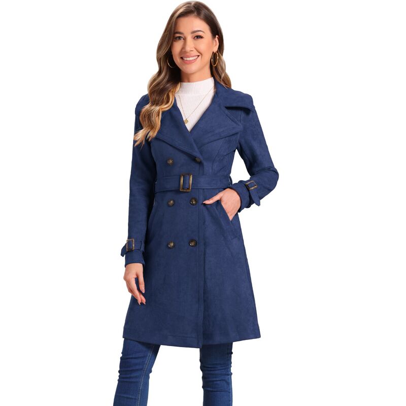 アレグラ ケー レディース アウター 上衣・上衣 スエードクロス 厚地の外套 ALLEGRA K Women\u0027s Faux Suede Notched Lapel Strap Cuff Solidouble Breasted Tie Beltrench Coat Dark Blue 青み