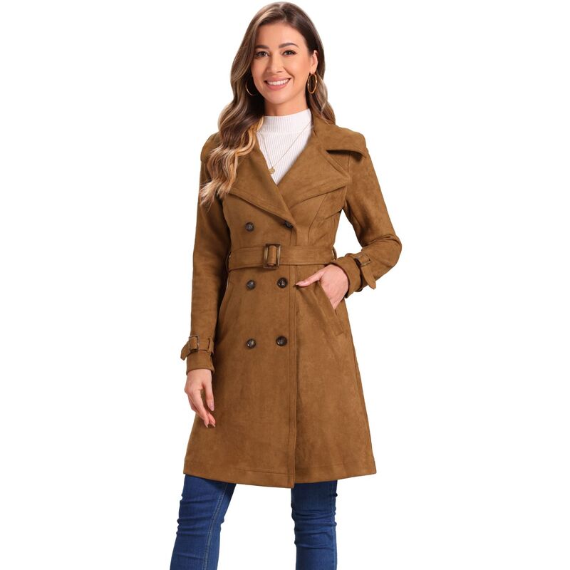 アレグラ ケー レディース アウター ジャケット・ブルゾン スエード コート ALLEGRA K Women Faux Suede Notched Lapel Strap Cuff Solidouble Breasted Tie Beltrench Coat Dark Brown ブラウン