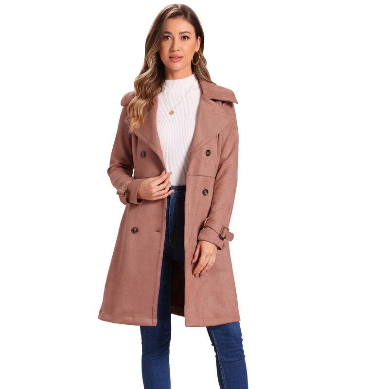アレグラ ケー レディース アウター 上衣・上衣 スエードクロス 厚地の外套 ALLEGRA K Women\u0027s Faux Suede Notched Lapel Strap Cuff Solidouble Breasted Tie Beltrench Coat Dark Pink サクラ色