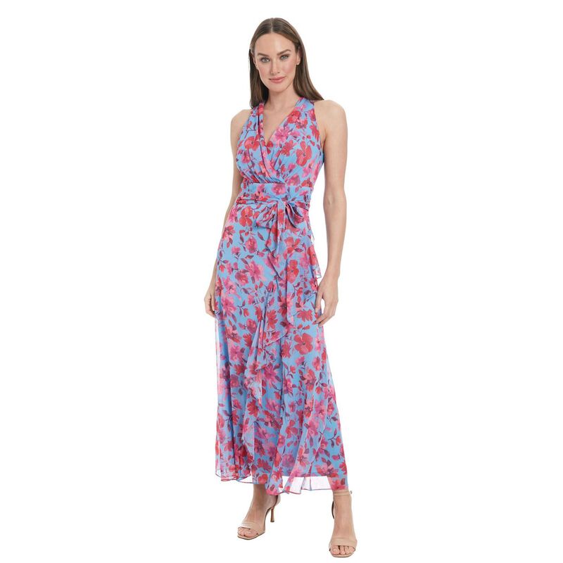 ロンドンタイムス レディース トップス ワンピース フラワー柄 マキシ フラワー ホルター Women's London Times Floral Watercolor Halter Neck Ruffly Slit Hemaxi Dress Navy Salmon ネイビー