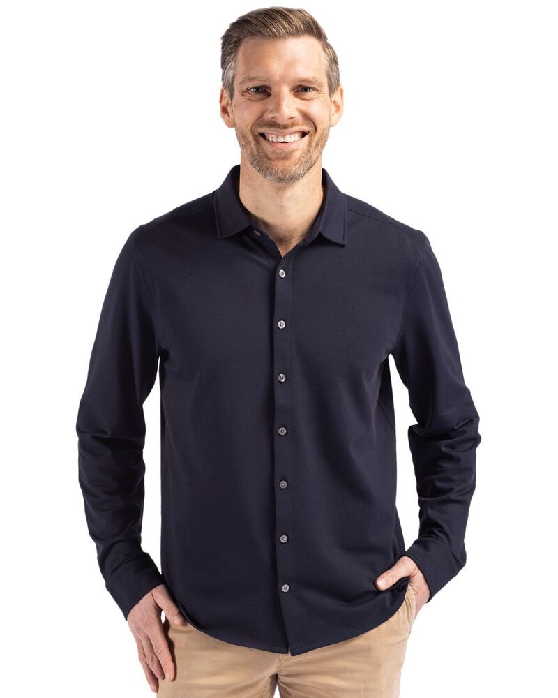 カッターアンドバック メンズ トップス Tシャツ ボタンダウン ニット Cutter & Buck Advantage Tri-Blend Soft Pique Long Sleeve Knitted Mens Button Down Liberty Navy ネイビー｜ReVida 店