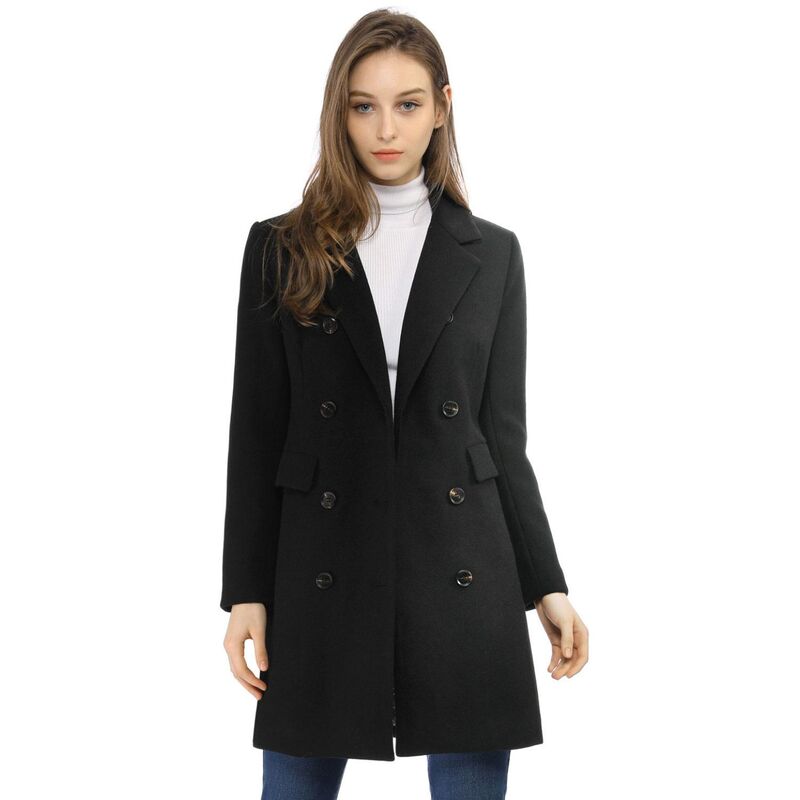 アレグラ ケー レディース アウター ジャケット・ブルゾン コート ALLEGRA K Women's Notched Lapel Collar Double Breasted Mid Length Overcoat Blacks