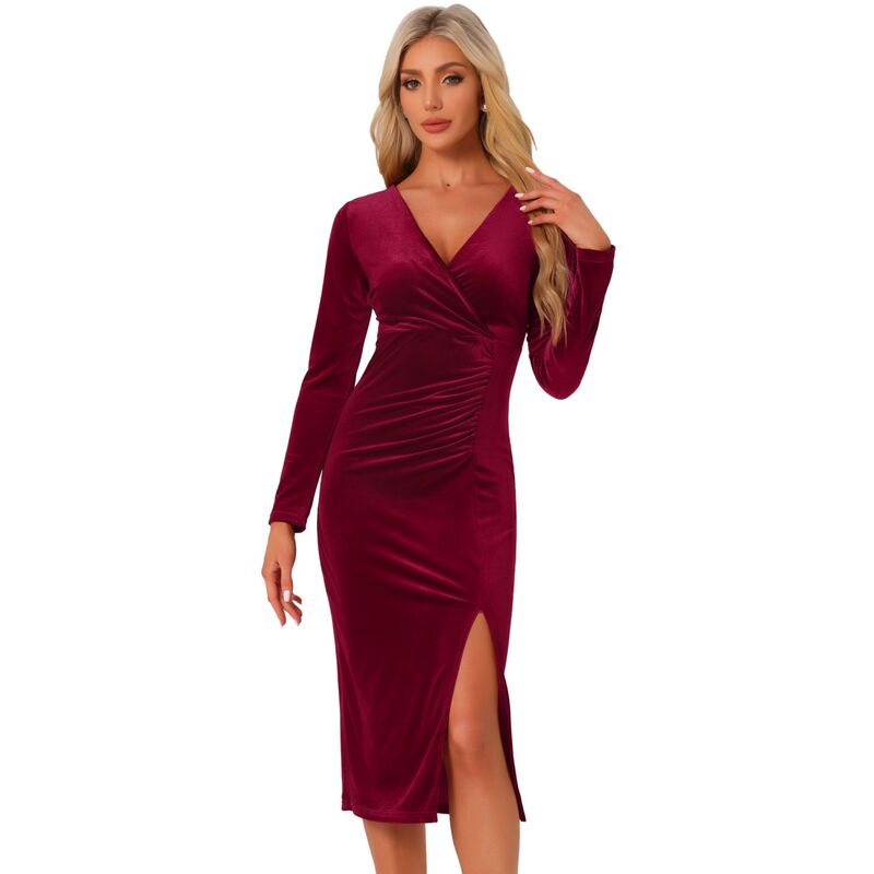 アレグラ ケー レディース トップス ワンピース Vネック ギャザー ミディ ベルベット ALLEGRA K Velvet Bodycon Dress For Women's V Neck Long Sleeves Ruched Split Midi Dresses Dark Red レッド
