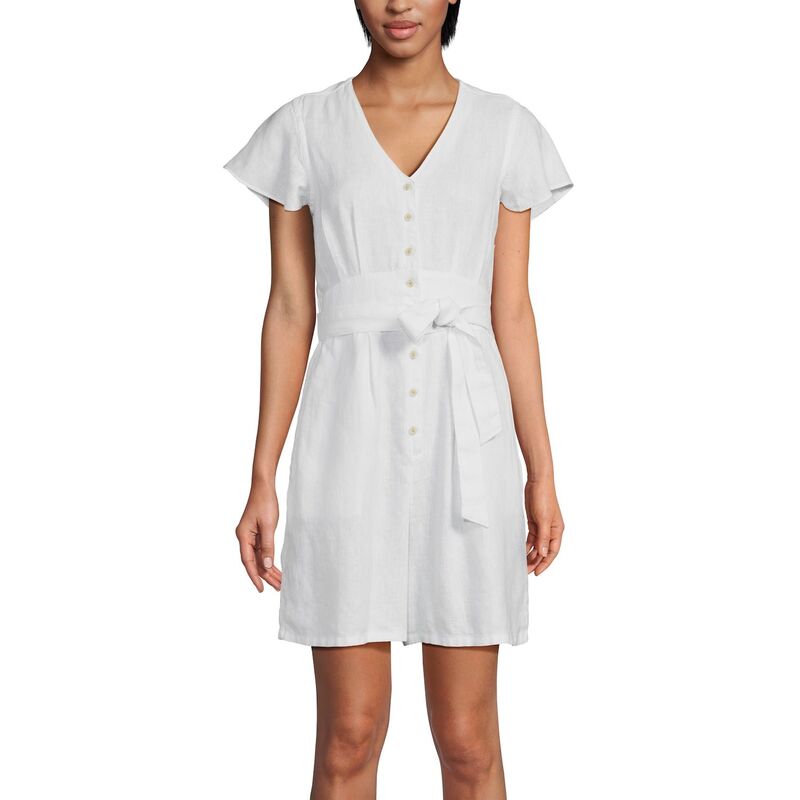 ランズエンド レディース トップス ワンピース Vネック ロンパース リネン Women's Lands' End Linen V-Neck Flutter Sleeve Button Frontie Waist Romper White ホワイト
