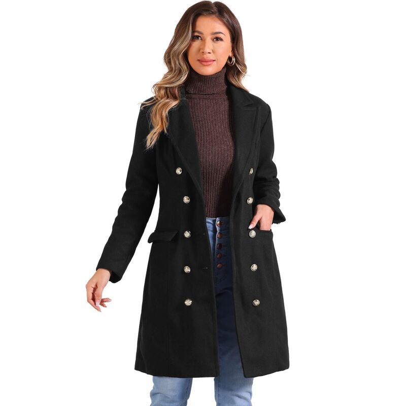 アレグラ ケー レディース アウター ジャケット・ブルゾン コート ALLEGRA K Pea Coat For Women's Notched Lapel Double Breasted Mid Long Winter Coats Black ブラック