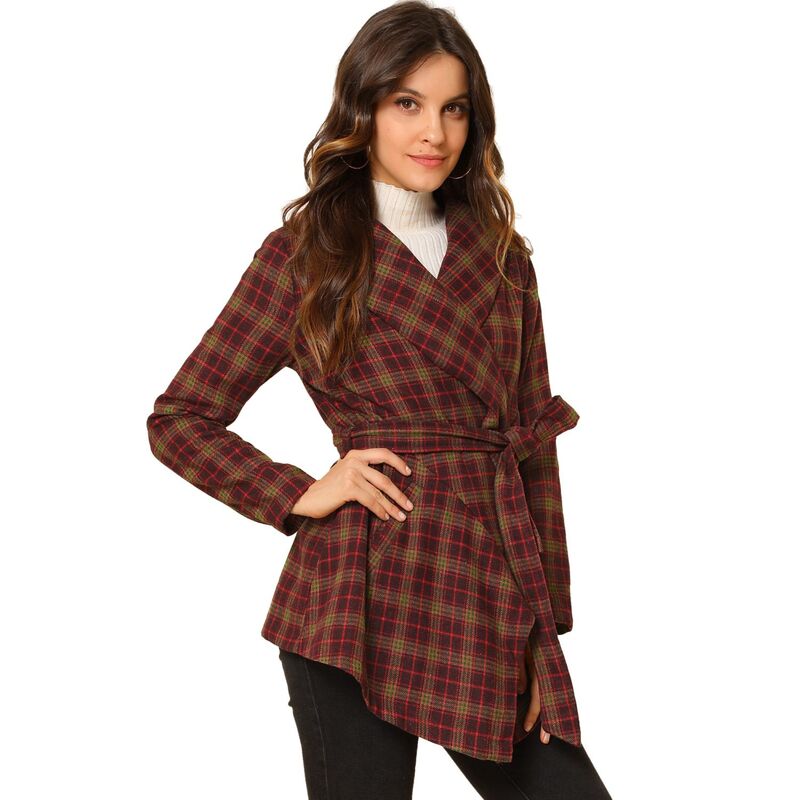 アレグラ ケー レディース アウター ジャケット・ブルゾン アシンメトリー コート ダウン ALLEGRA K Women's Turn Down Collar Asymmetric Hem Plaids Thin Wrap Coat Dark Red レッド