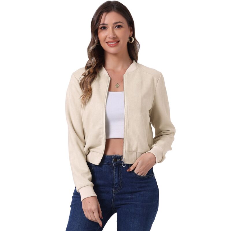 アレグラ ケー レディース アウター ジャケット・ブルゾン スエード コート クロップド ALLEGRA K Faux Suede Cropped Coat for Women'stand Collar Zip Up Biker Moto BomBer Jackets Beige ベージュ