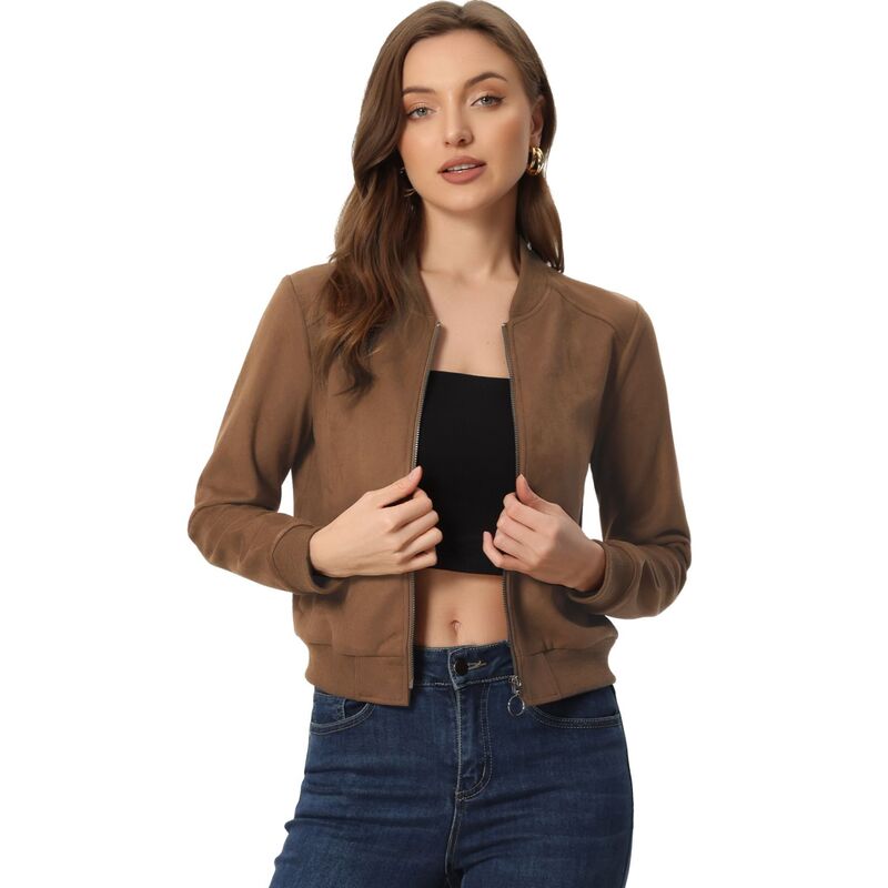 アレグラ ケー レディース アウター ジャケット・ブルゾン スエード コート クロップド ALLEGRA K Faux Suede Cropped Coat for Women'stand Collar Zip Up Biker Moto BomBer Jackets Brown ブラウン
