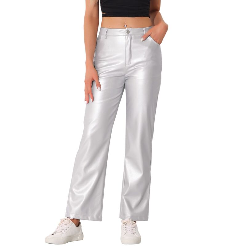 アレグラ ケー レディース ボトムス カジュアルパンツ ストレート ハイウエスト レザー フェイクレザー ALLEGRA K Faux Leather Pants For Women's High Waistraight Leg Casual Punk Trousersilver シルバー