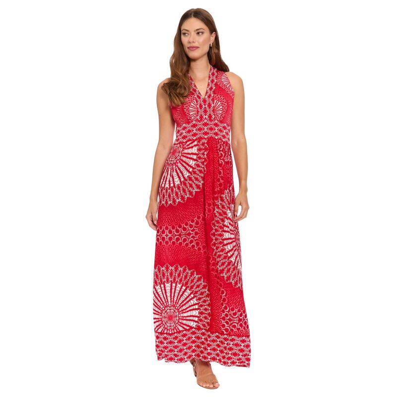 ロンドンタイムス レディース トップス ワンピース Vネック フラワー柄 プリント ノースリーブ マキシ フラワー Women's London Times Floral Print Sleeveless V-Neck Flowy Maxi Dress Red White ホワイト｜ReVida 店