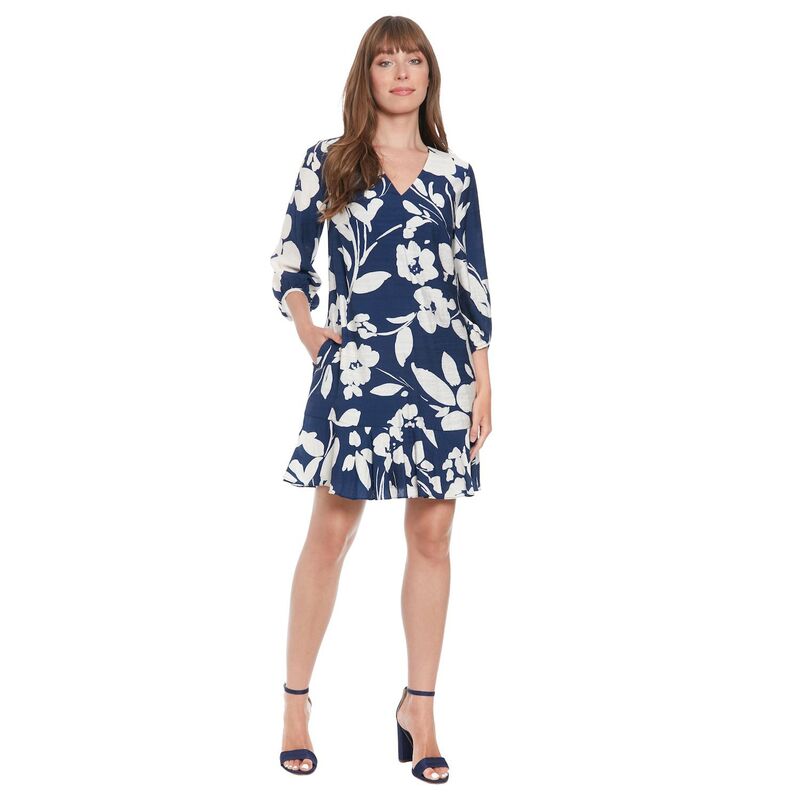 英国の首都タイムス レディース トップス 衣装 Women\u0027s London Times 3/4 Sleeve Flounce Hem Dress Navy Cream 皮膚軟化剤
