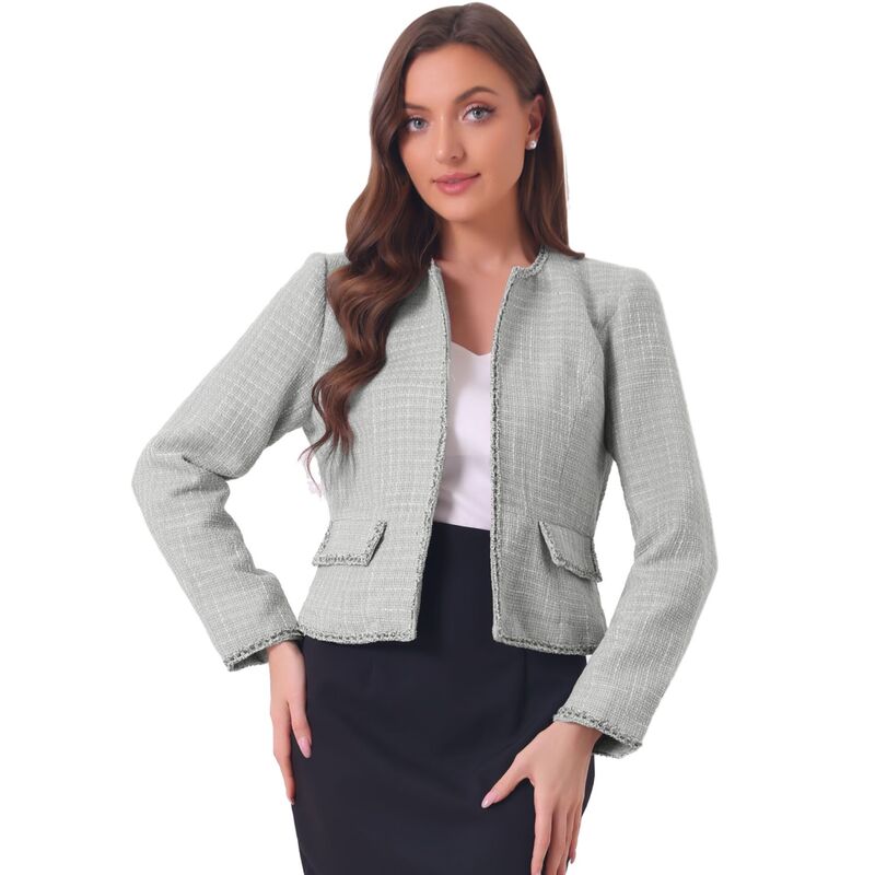 アレグラ ケー レディース アウター ジャケット・ブルゾン ツイード ブレザー ALLEGRA K Women's Plaid Tweed Open Front Office Short Blazer Grey グレー
