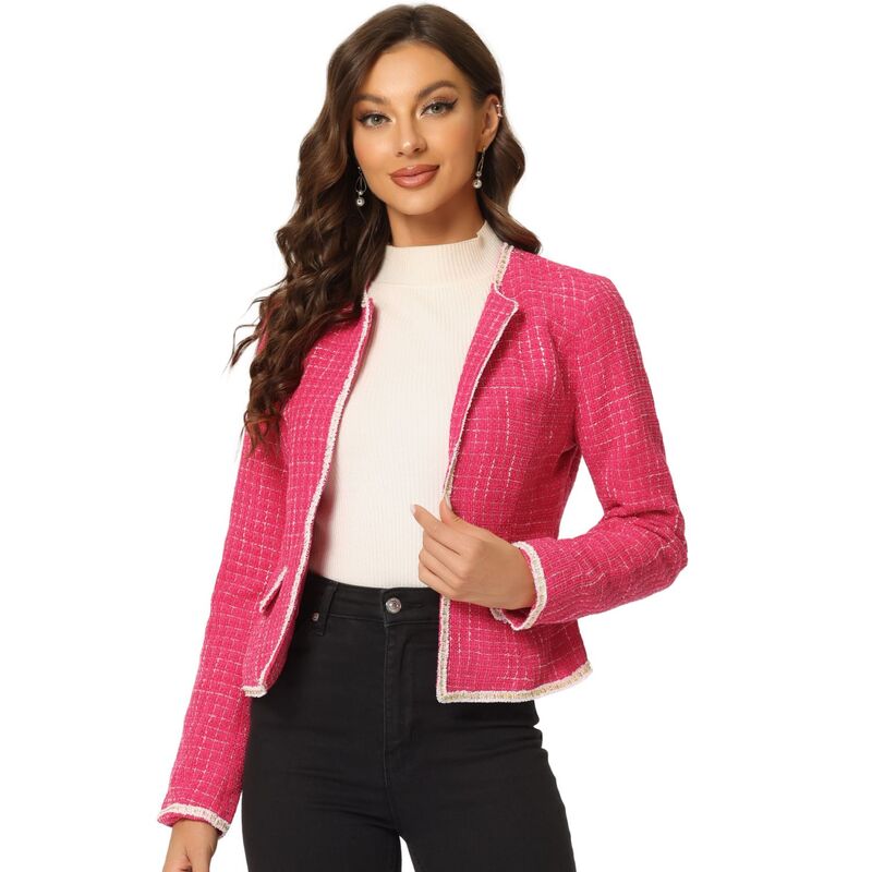 アレグラ ケー レディース アウター ジャケット・ブルゾン ツイード ブレザー ALLEGRA K Women's Plaid Tweed Open Front Office Short Blazer Hot Pink ピンク|ReVida 店