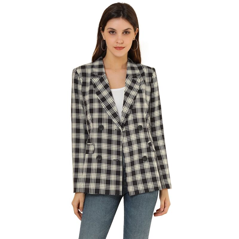 アレグラ ケー レディース アウター ジャケット・ブルゾン ブレザー ALLEGRA K Women's Notched Lapel Double Breasted Plaid Blazer Black ブラック｜ReVida 店 14,336円