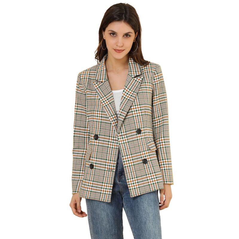 アレグラ ケー レディース アウター ジャケット・ブルゾン ブレザー ALLEGRA K Women's Notched Lapel Double Breasted Plaid Blazer White Green ホワイト|ReVida 店