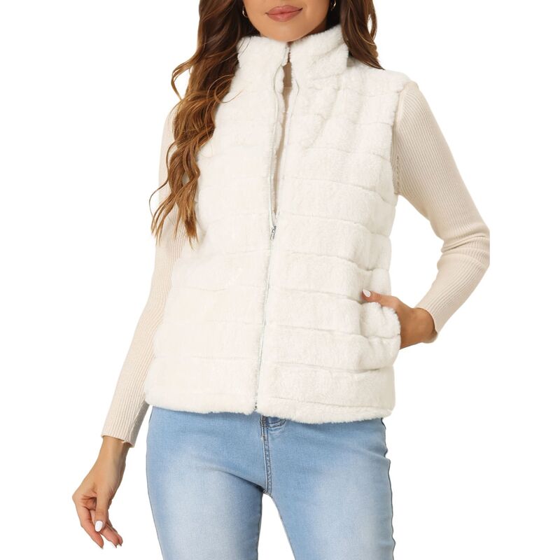 アレグラ ケー レディース アウター ジャケット・ブルゾン ベスト ノースリーブ コート ALLEGRA K Fluffy Vest Jacket for Women'stand Collar Warm Faux Fur Winter Sleeveless Coat White ホワイト