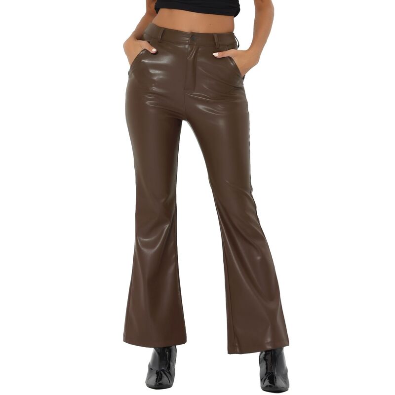 アレグラ ケー レディース ボトムス カジュアルパンツ ハイウエスト レザー フェイクレザー ALLEGRA K Faux Leather Flared Pants For Women's High Waist Bell Bottom Pu Trousers Coffee コーヒー|ReVida 店