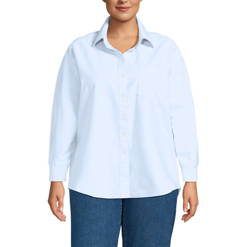 ランズエンド レディース トップス シャツ プラスサイズ オックスフォード Plusize Lands' End Long Sleeve Oxfordresshirt Clear Blue Stripe ブルー