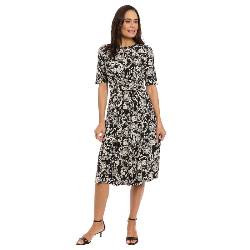 ロンドンタイムス レディース トップス ワンピース ミディ Women's London Times Elbow Sleeve Side Tie Fit & Flare Midi Black Cream クリーム