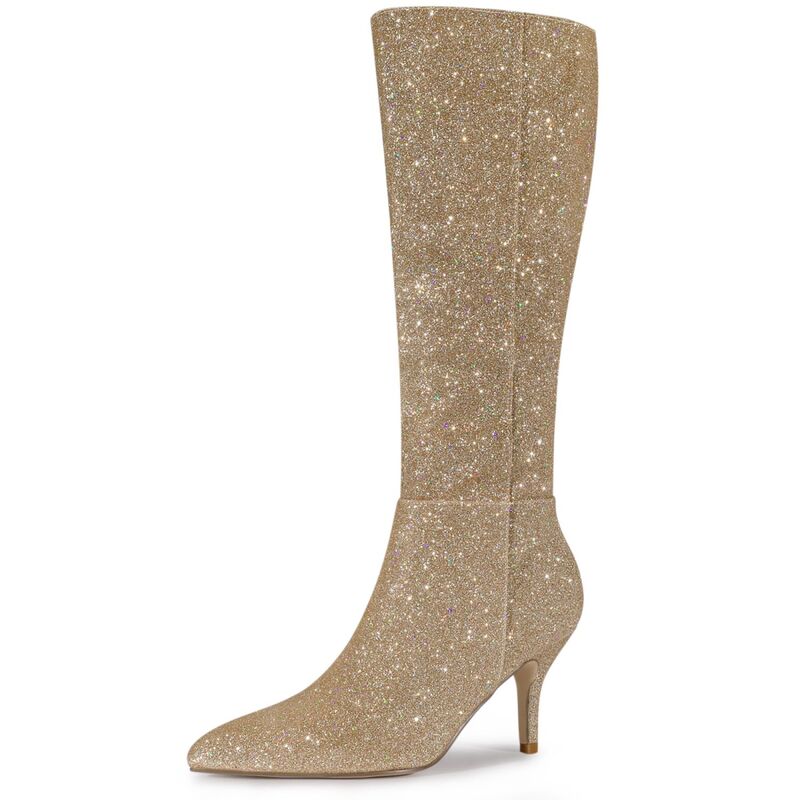 アレグラ ケー レディース シューズ ブーツ・レインブーツ ヒール ALLEGRA K Women\'sparkle Glitter Pointy Toe Stiletto Heel Knee High Boots Gold ゴールド