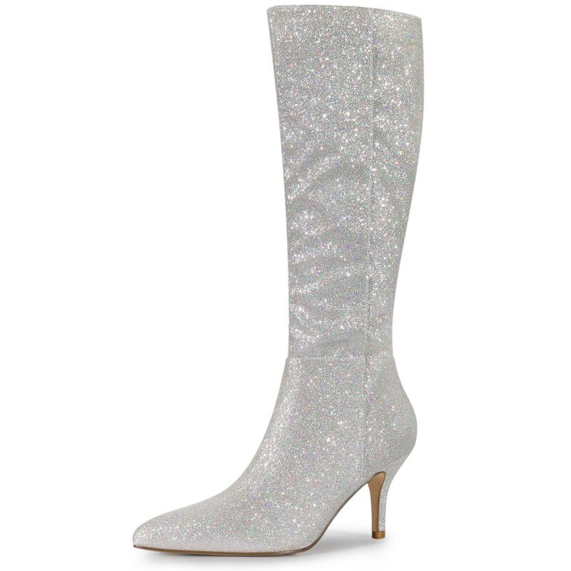 アレグラ ケー レディース シューズ ブーツ・レインブーツ ヒール ALLEGRA K Women\'sparkle Glitter Pointy Toe Stiletto Heel Knee High Bootsilver シルバー