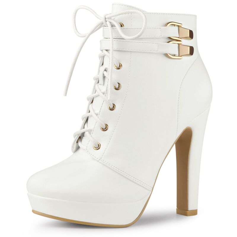 アレグラ ケー レディース シューズ ブーツ・レインブーツ プラットフォーム アンクル レース ヒール ALLEGRA K Women\'s Lace Up Straplatform Block Heels Ankle Boots White ホワイト