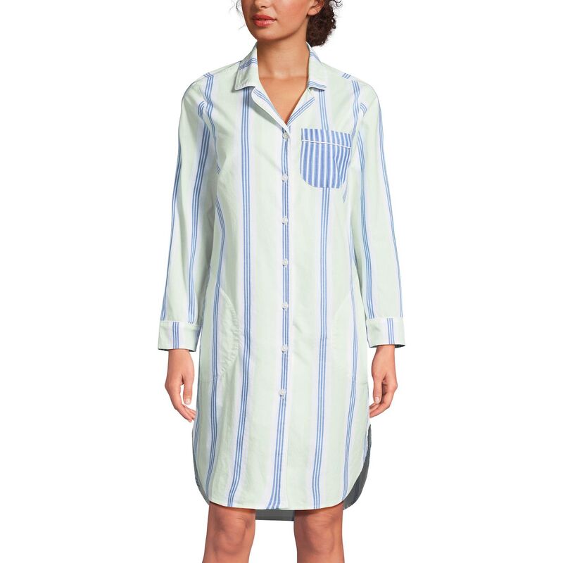 ランズ挙げ句の果て レディース アンダー御召しもの ナイト爵御召しもの プチ Petite Lands\u0027 End Long Sleeve Pajama Nightgown Mint Cobalt Stripe 青緑色