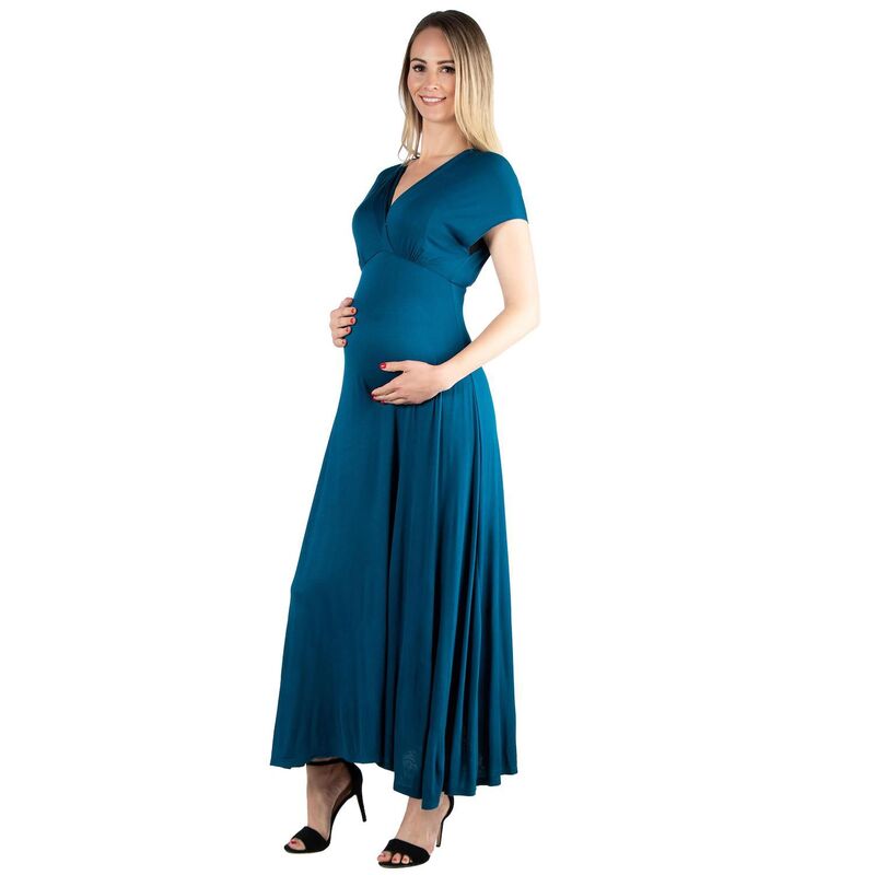 24 セブンコンフォート レディース トップス ワンピース Vネック キャップ マタニティ マキシ Maternity 24Seven Comfort Apparel Cap Sleeve V-Neck Maxi Dress Blue ブルー｜ReVida 店