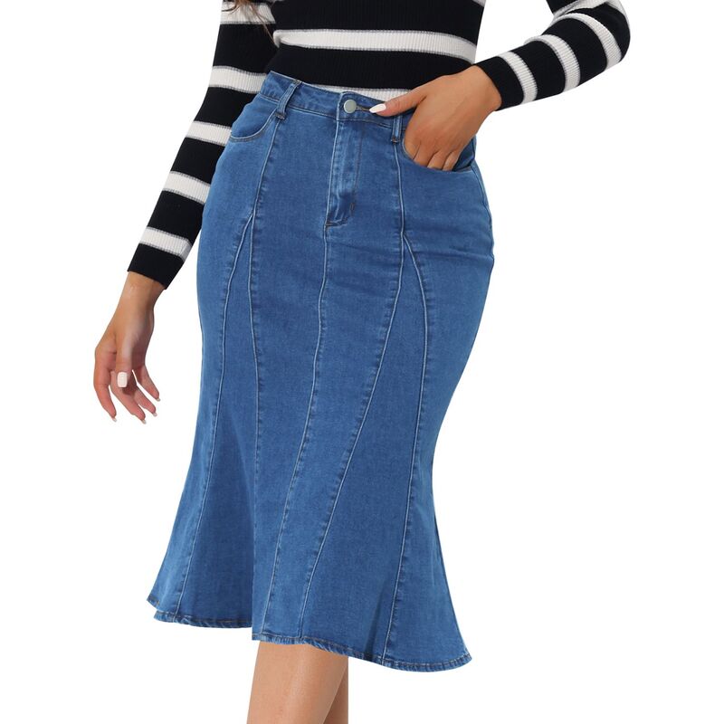 アレグラ ケー レディース ボトムスカート ハイウエスト フリル ミディ デニム ALLEGRA K Women's Zip High Waist Ruffled Fishtail Hem Bodycon Midi Denim Skirt Blue ブルー