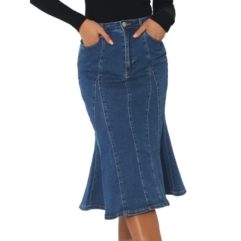 アレグラ ケー レディース ボトムスカート ハイウエスト フリル ミディ デニム ALLEGRA K Women's Zip High Waist Ruffled Fishtail Hem Bodycon Midi Denim Skirt Dark Blue ブルー