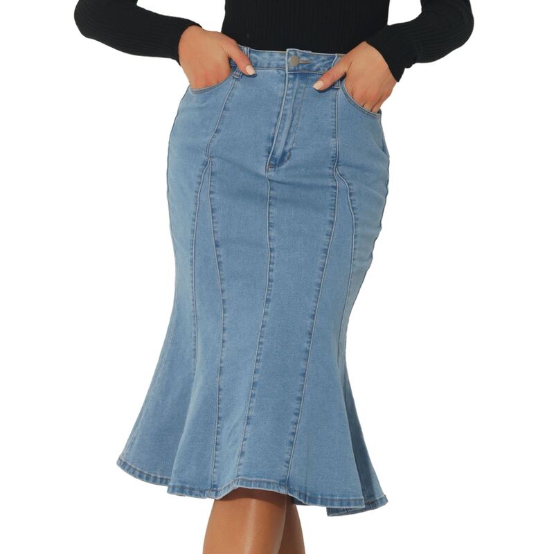 アレグラ ケー レディース ボトムスカート ハイウエスト フリル ミディ デニム ALLEGRA K Women's Zip High Waist Ruffled Fishtail Hem Bodycon Midi Denim Skirt Light Blue ブルー