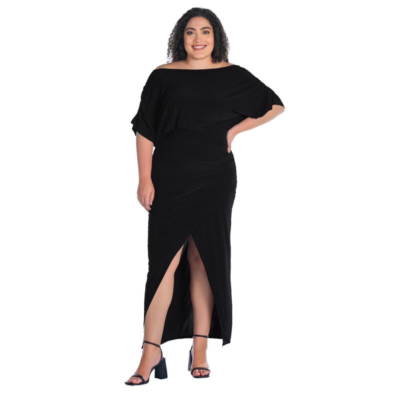 24 セブンコンフォート レディース トップス ワンピース プラスサイズ マキシ Plusize 24Seven Comfort Apparel Boat Neck Batwing Sleeve Slit Maxi Dress Black ブラック｜ReVida 店