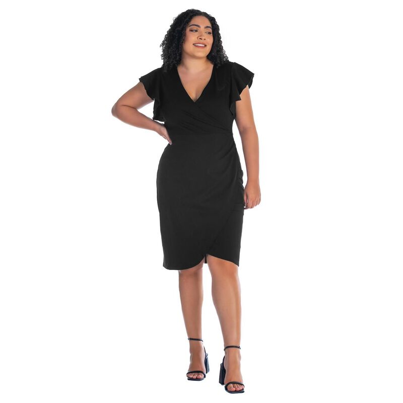 24 セブンコンフォート レディース トップス ワンピース ひざ丈 プラスサイズ フリル Plusize 24Seven Comfort Apparel Ruffle Sleeve Knee Length Dress Black ブラック