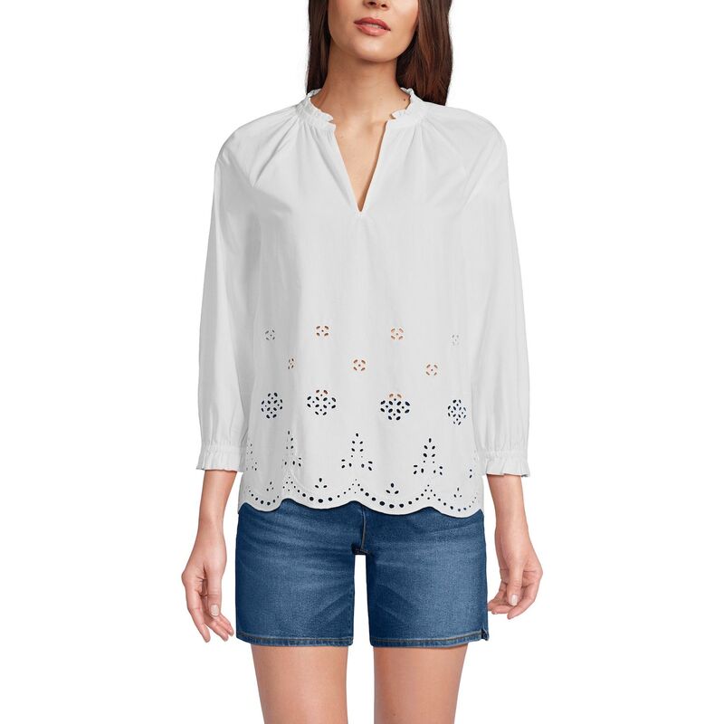 ランズエンド レディース トップス シャツ Women's Lands' End Eyelet Split Neck Shirt White ホワイト
