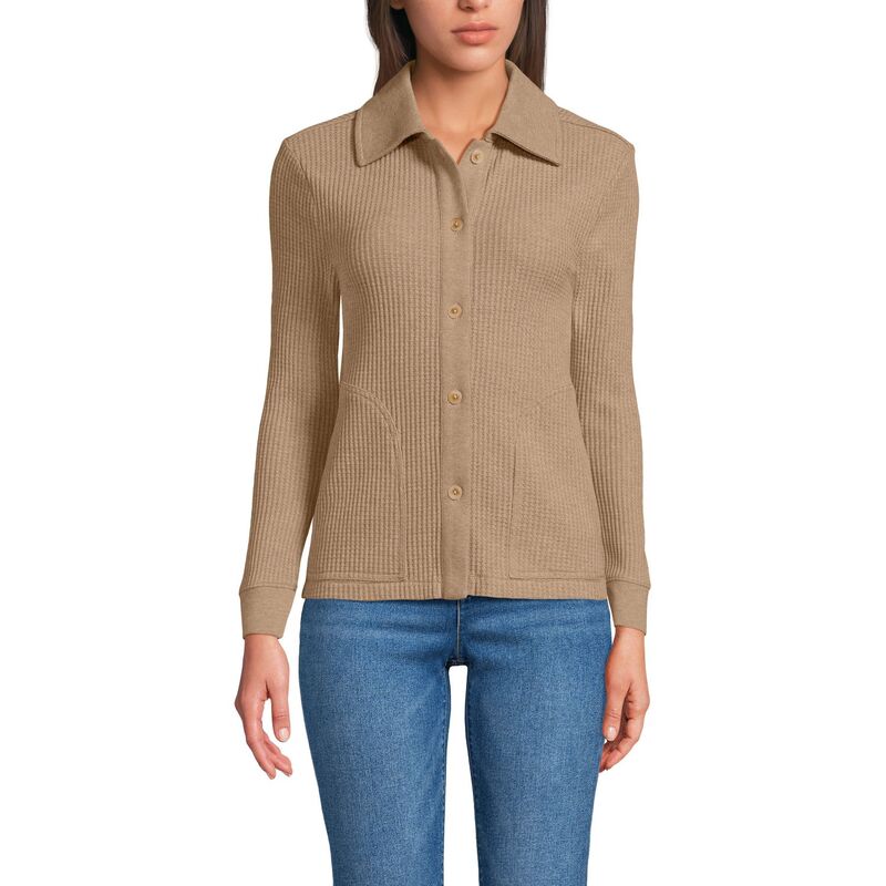 ランズエンド レディース アウター ジャケット・ブルゾン Women's Lands' End Waffle Long Sleeve Collared Shacket Lightoffee Heather ヘザー|ReVida 店