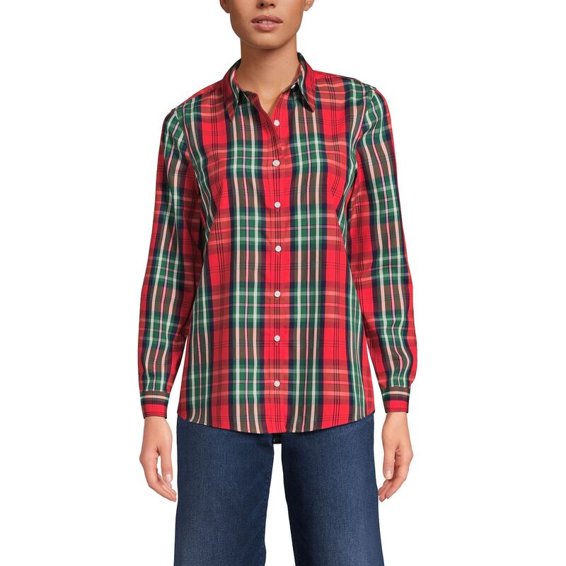 ランズエンド レディース トップス シャツ プチ コットン Petite Lands' End No Iron Supima Cotton Long Sleeve Shirt Red Emerald Plaid レッド