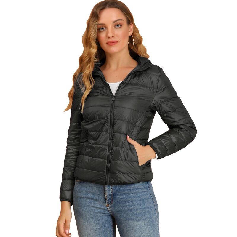 アレグラ ケー レディース アウター 上衣・上衣 落ち込む ALLEGRA K Women\u0027s Hooded Lightweight Down Packable Puffyer Jacket Black 黒いこと