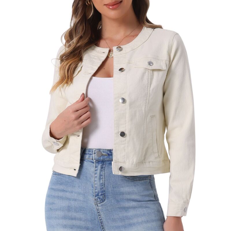 アレグラ ケー レディース アウター 上衣・上衣 名取り草落ち込む クロップド ジーンズ ALLEGRA K Women\u0027s Button Down Collarless Long Sleeve Croppedenim Jacket Beige ベージュ