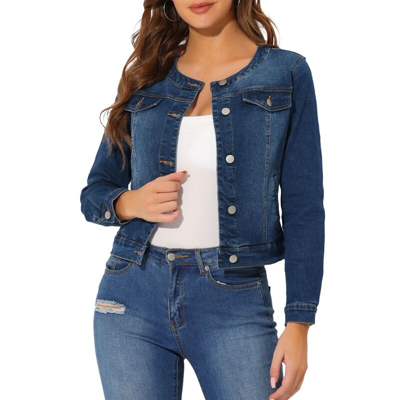 アレグラ ケー レディース アウター 上衣・上衣 名取り草落ち込む クロップド ジーンズ ALLEGRA K Women\u0027s Button Down Collarless Long Sleeve Croppedenim Jacket Dark Blue 青み
