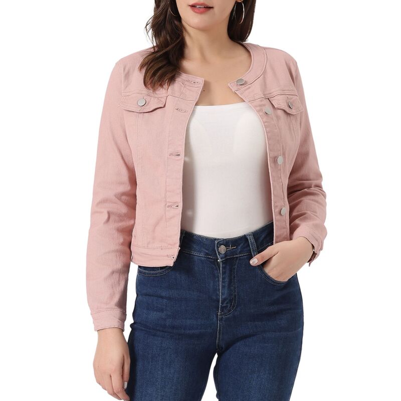 アレグラ ケー レディース アウター ジャケット・ブルゾン ボタンダウン クロップド デニム ALLEGRA K Women's Button Down Collarless Long Sleeve Croppedenim Jacket Dusty Pink ピンク