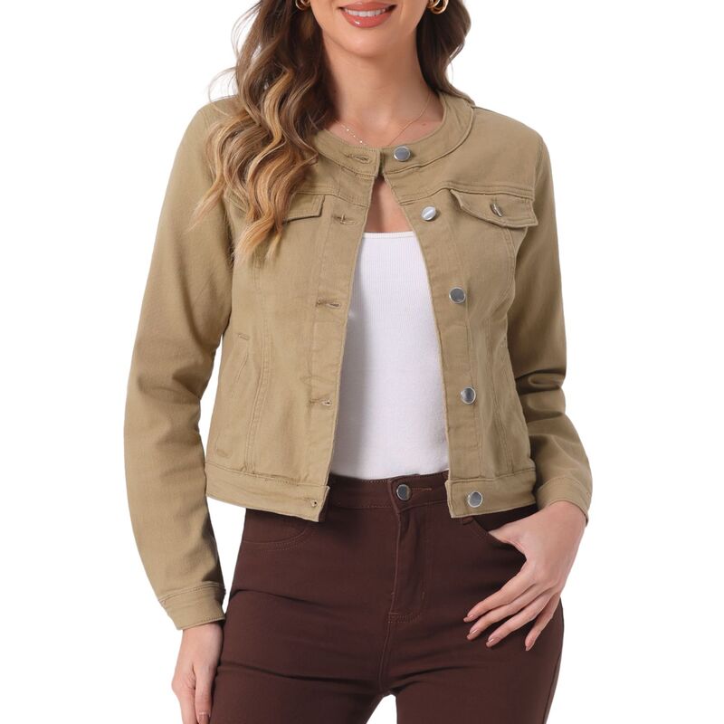 アレグラ ケー レディース アウター 上衣・上衣 名取り草落ち込む クロップド ジーンズ ALLEGRA K Women\u0027s Button Down Collarless Long Sleeve Croppedenim Jacket Khaki カーキ