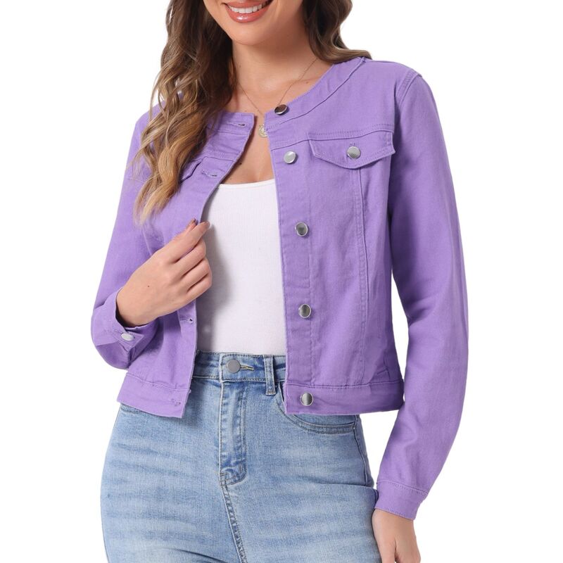 アレグラ ケー レディース アウター 上衣・上衣 名取り草落ち込む クロップド ジーンズ ALLEGRA K Women\u0027s Button Down Collarless Long Sleeve Croppedenim Jacket Purple パープル