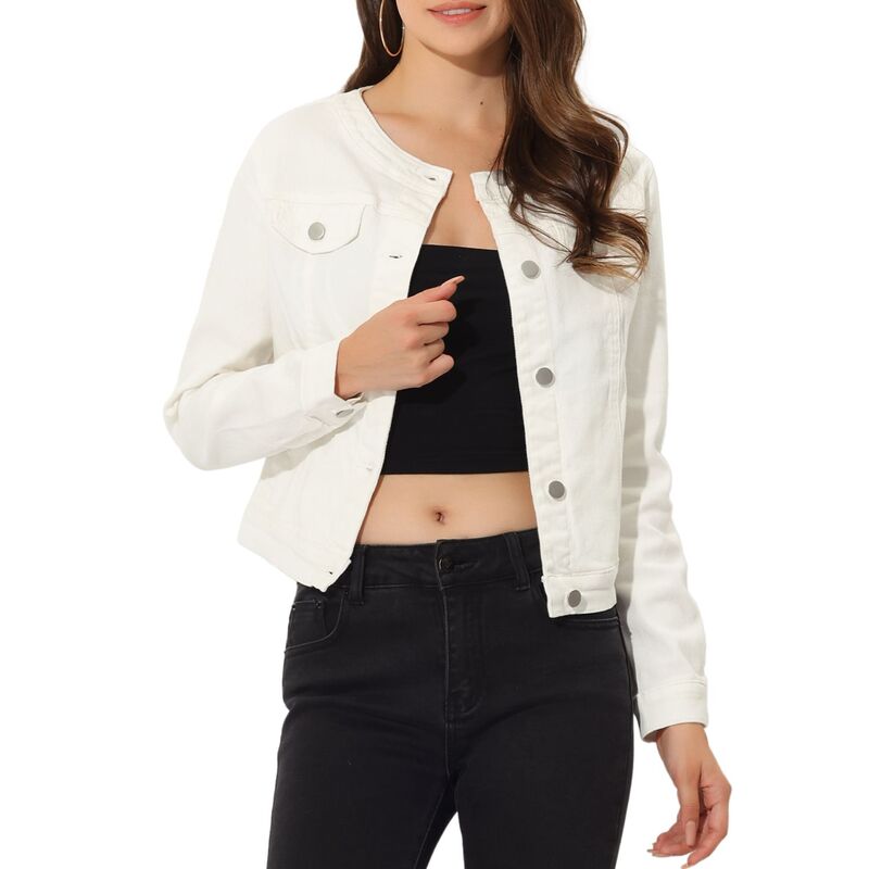 アレグラ ケー レディース アウター 上衣・上衣 名取り草落ち込む クロップド ジーンズ ALLEGRA K Women\u0027s Button Down Collarless Long Sleeve Croppedenim Jacket White 白いこと