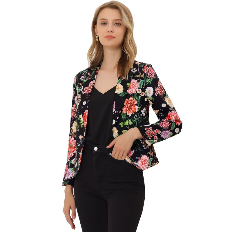 アレグラ ケー レディース アウター ジャケット・ブルゾン フラワー柄 プリント ブレザー フラワー ALLEGRA K Women's Open Front Floral Print Blazer Black Red Floral ブラック｜ReVida 店