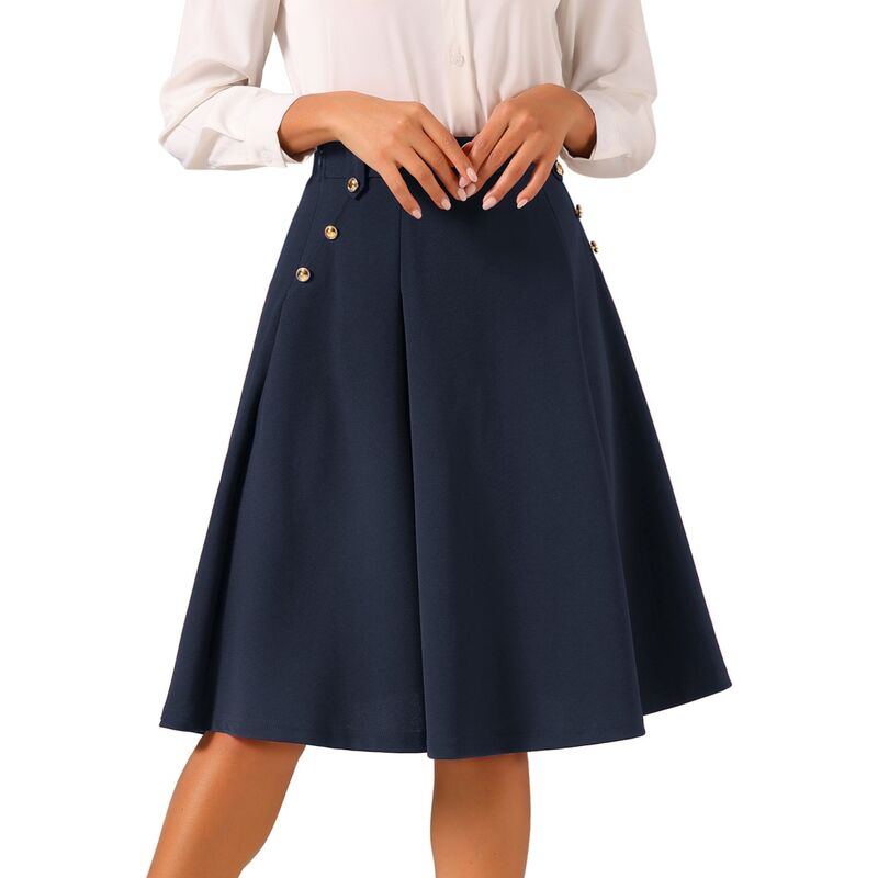 アレグラ ケー レディース ボトムスカート ヴィンテージ ミディ ALLEGRA K Women's Vintage High Elastic Waist Button Decor Flared Midi Skirt Dark Blue ブルー｜ReVida 店