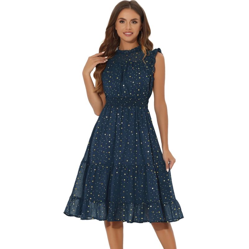 アレグラ ケー レディース トップス ワンピース シフォン トール ノースリーブ シャーリング ALLEGRA K Casual Chiffon Dress for Women'sleevelessmocked Waist Gilding Metallic Stars Party Dress Dark Blue ブルー 13,286円